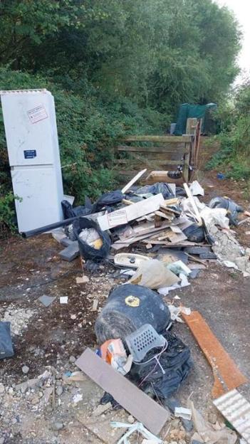 Fly-tipped rubbish, including a refrigerator, black bags, and construction debris, piled on the ground by a wooded area.