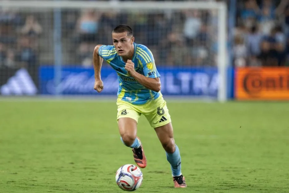 Philadelphia Union midfielder Cavan Sullivan dribbles the ball during a match.