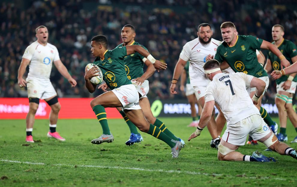 Grant Williams of South Africa runs with the rugby ball during the 2026 Nations Championship match against England.