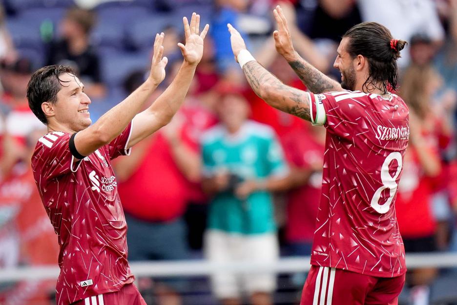 Nashville, Tennessee, USA. 25th July, 2026. Liverpool forward Federico Chiesa (14) celebrates his goal with midfielder Alan Browne (8) during the second half of a preseason friendly match against Sunderland at Geodis Park. (Credit Image: ¿ Camden Hal