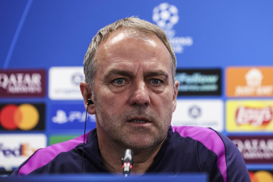 Hans Flick at a press conference for the UEFA Champions League 2025/26 Quarter-finals.