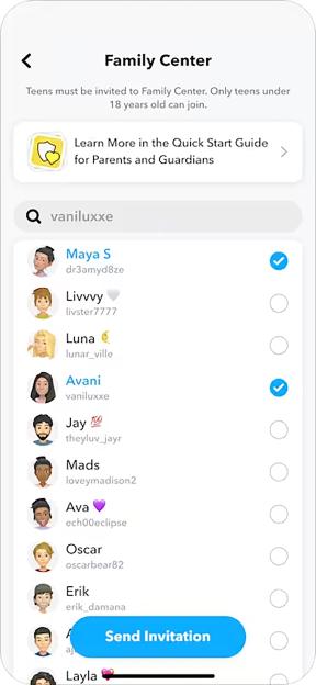 A screenshot of the Snapchat Family Center page showing a list of teens to invite, with Maya S. and Avani selected, and a "Send Invitation" button at the bottom.