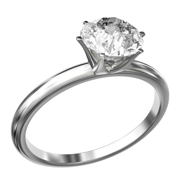 Illustration of a white gold ring with a large princess cut diamond.