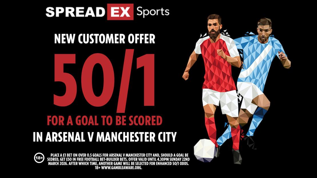 Illustration for a SpreadEx Sports new customer offer of 50/1 odds for a goal to be scored in the Arsenal vs Manchester City match, featuring two polygonal-style football players.