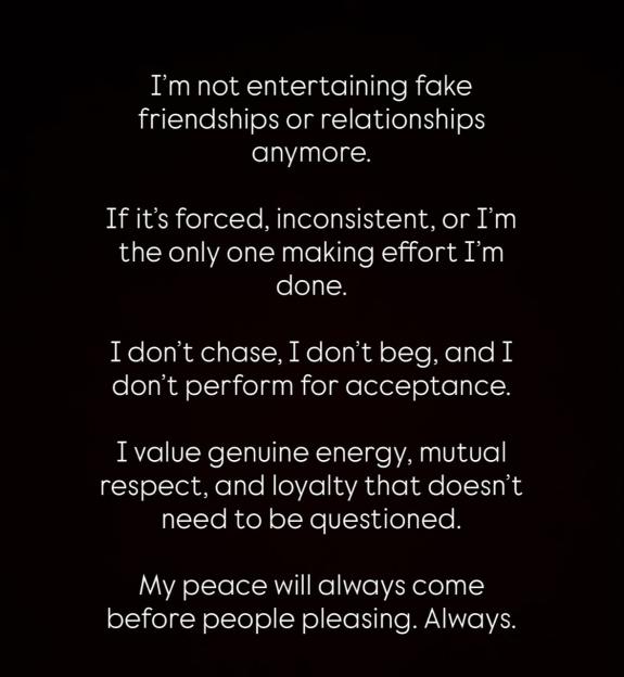 A social media post from Maeve Mathieson's account about not entertaining fake friendships or relationships.