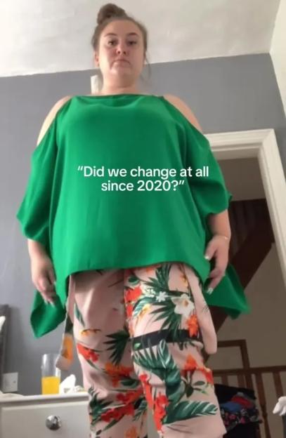 A woman in a green top and floral pants with text overlays "2020 YOU" and "Did we change at all since 2020?".