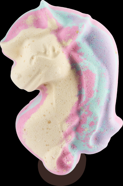Unicorn-shaped bath bomb in pastel colors of pink, blue, yellow, and purple.
