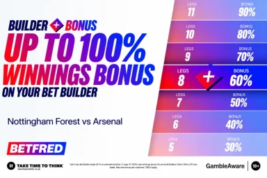 Get a CASH winnings bonus of up to 100% on your first winning 3+ leg Bet Builder on Nottingham Forest vs Arsenal