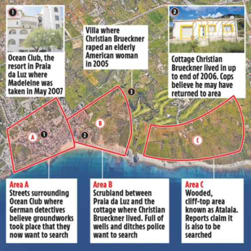 Aerial map showing areas of interest in the Madeleine McCann investigation, including Ocean Club, a villa, a cottage, and three search areas.