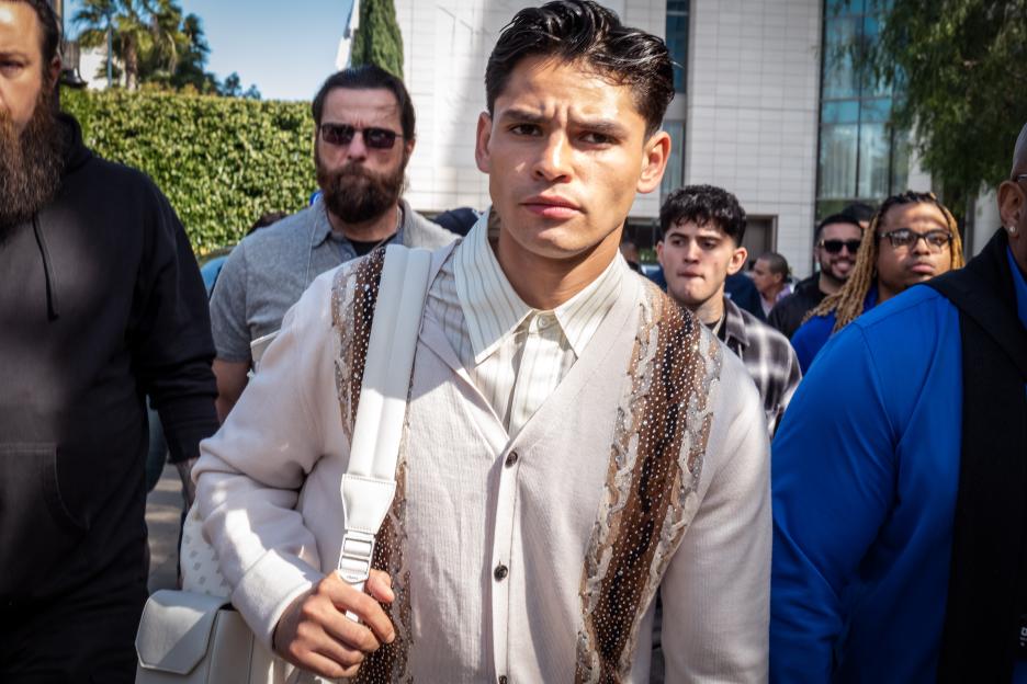 Ryan Garcia arrives at a news conference.