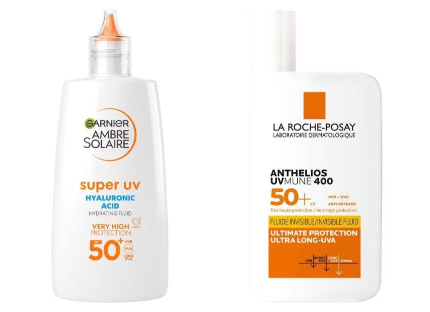 Two bottles of sunscreen: Garnier Ambre Solaire Super UV Hyaluronic Acid Hydrating Fluid SPF 50+ and La Roche-Posay Anthelios UVMune 400 Invisible Fluid SPF 50+.
