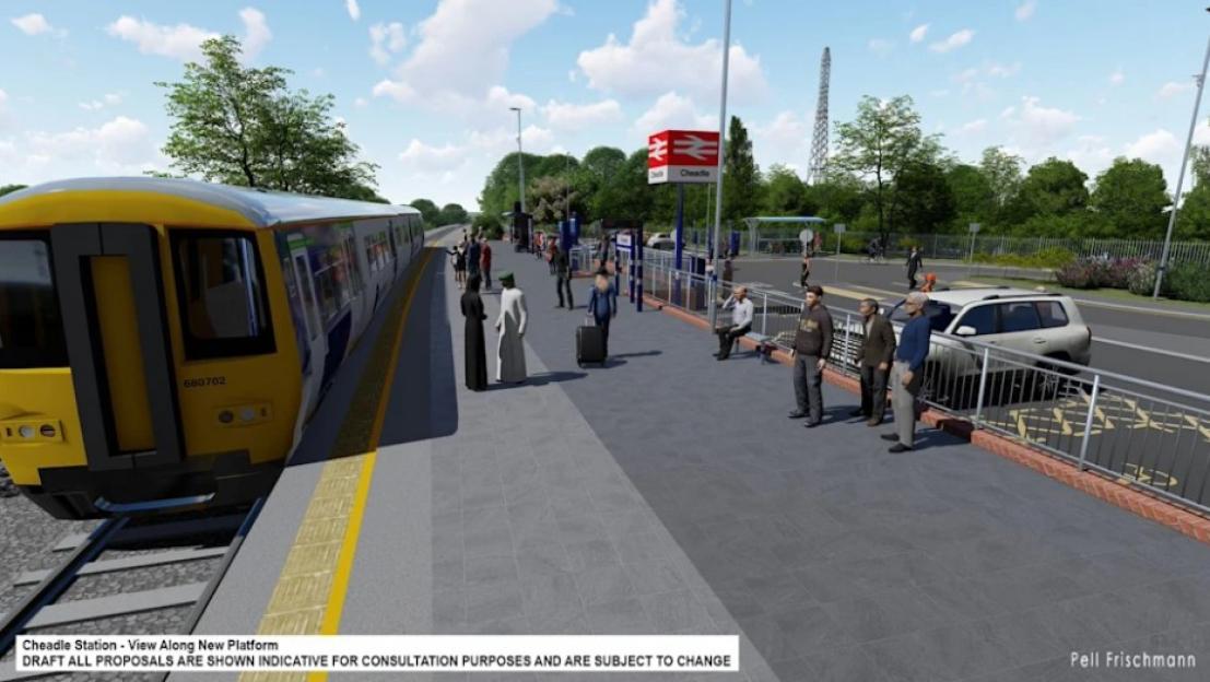 Illustration of the proposed Cheadle Station with a train at the platform and people waiting.