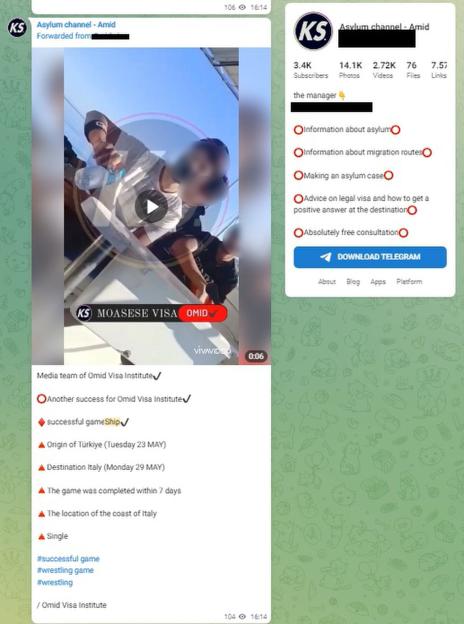Screenshot of a Telegram channel post showing a video of migrants and details of a successful migrant journey.