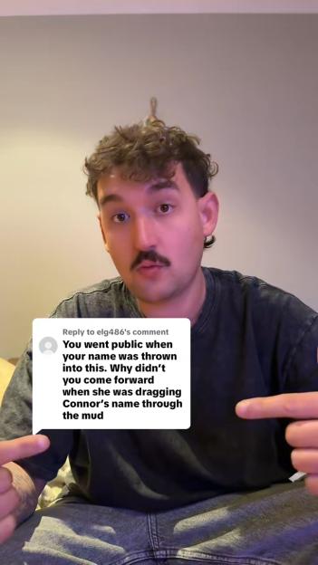 Jonny Holloway pointing to a comment on a screen that asks why he went public when his name was thrown into the situation and didn't come forward when 'she was dragging Connor's name through the mud.'