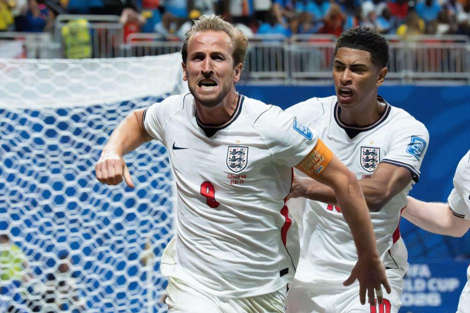 Harry Kane of England celebrating a goal during a World Cup match.