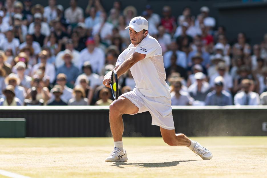 Arthur Fery of the United Kingdom in action during a Gentlemen's Singles quarterfinal match.