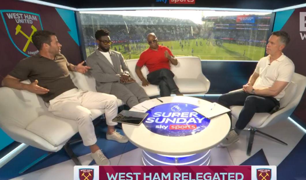 Four male sports commentators discuss West Ham United's relegation on Sky Sports' "Super Sunday" broadcast, with a view of a football stadium in the background.