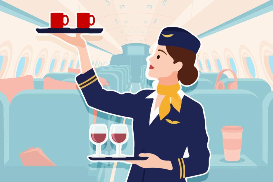 Illustration of a flight attendant serving drinks to passengers on an airplane.