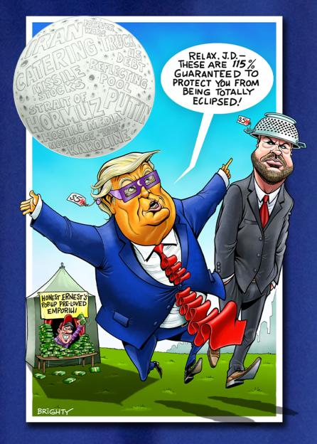 Illustration of Donald Trump in purple eclipse glasses, selling $5M red ties, with a moon labeled with current events, and a man in a colander on his head.