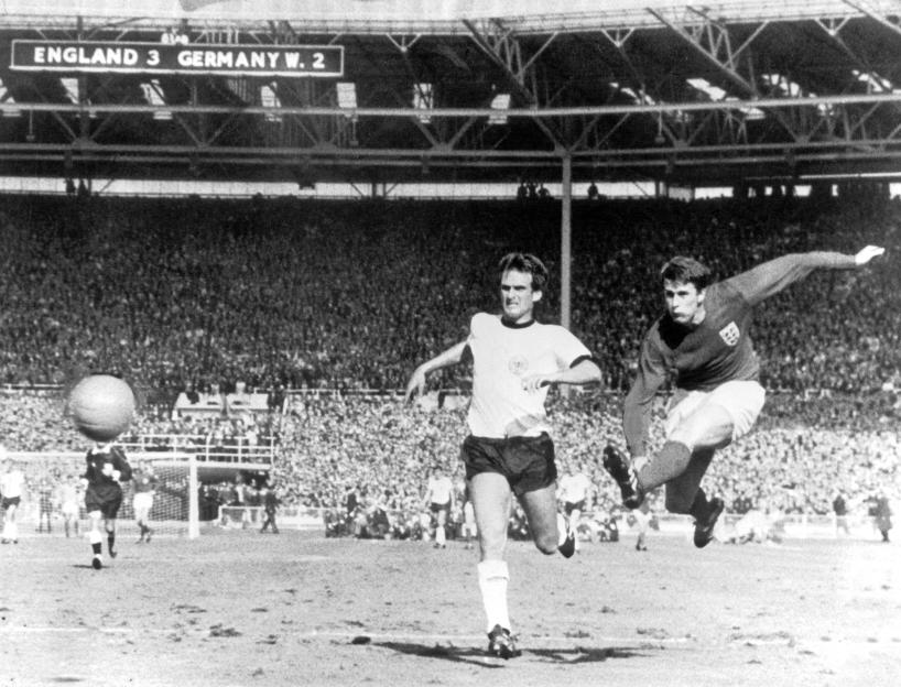 World Cup Final at Wembley Stadium. England 4 v West Germany 2 after extra time. Geoff Hurst fires in England's fourth g
