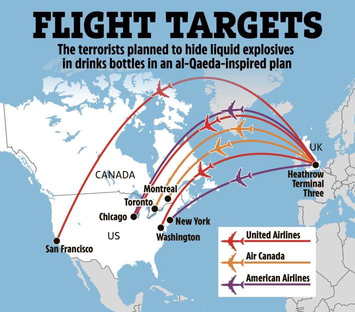Illustration of a map showing flight targets for a terrorist plot, with routes from US and Canadian cities to Heathrow Terminal Three.