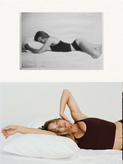 Collage of a black and white photo of a woman lying on a bed and a color photo of Sydney Sweeney posing on a bed.