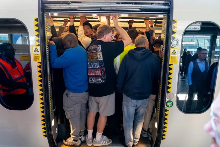 A crowded Elizabeth line train carriage during a tube strike.