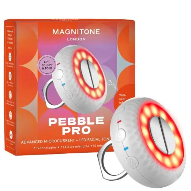 Magnitone Pebble Pro advanced microcurrent and LED facial toning device in front of its product packaging box.