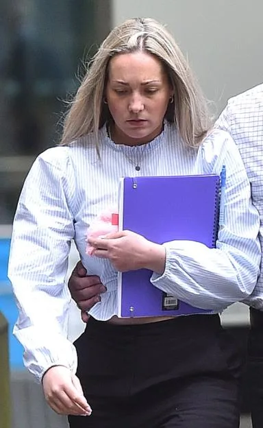 Rebecca Joynes leaves Manchester Crown Court with her father.