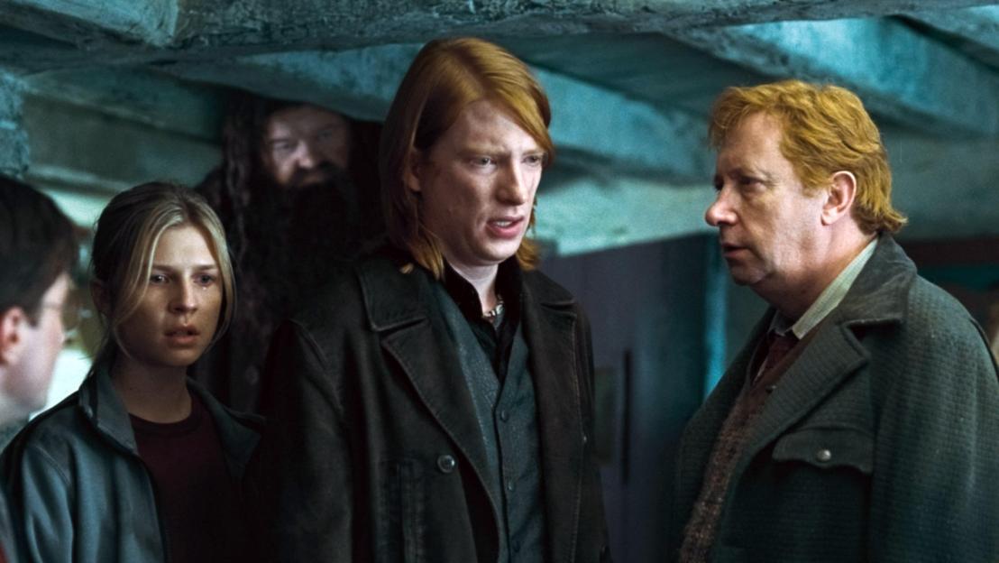 From left, Clemence Poesy, Robbie Coltrane, Domhnall Gleeson, and Mark Williams in "Harry Potter and the Deathly Hallows: Part 1."