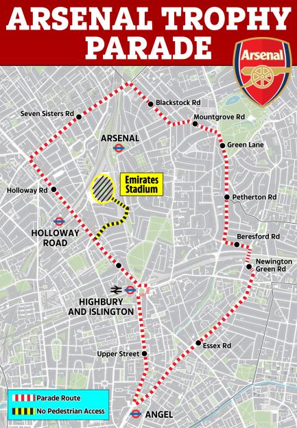 Illustration of the Arsenal Trophy Parade route through London.