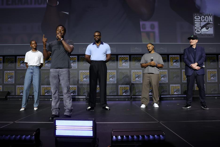 Letitia Wright, David Jonsson, Winston Duke, Ryan Coogler and Kevin Feige speak on stage at San Diego Comic-Con.