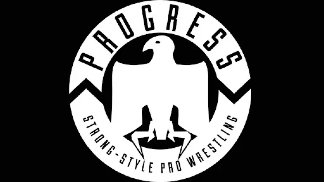 Illustration of the PROGRESS Wrestling logo, featuring a white eagle with lightning bolts in its talons, encircled by the words "PROGRESS" and "STRONG-STYLE PRO WRESTLING" on a black background.