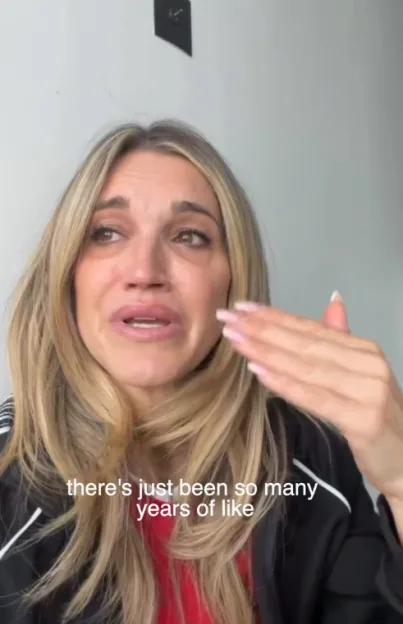 A blond woman crying and speaking, with captions reading "there's just been so many years of like".