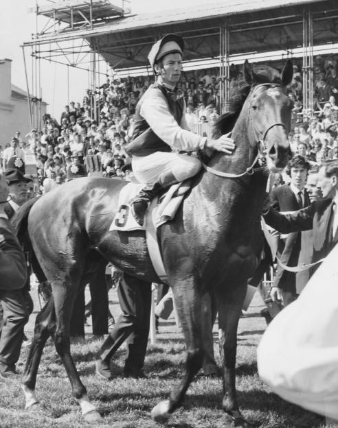 Lester Piggott on Nijinsky, after winning the 1970 Epsom Derby.
