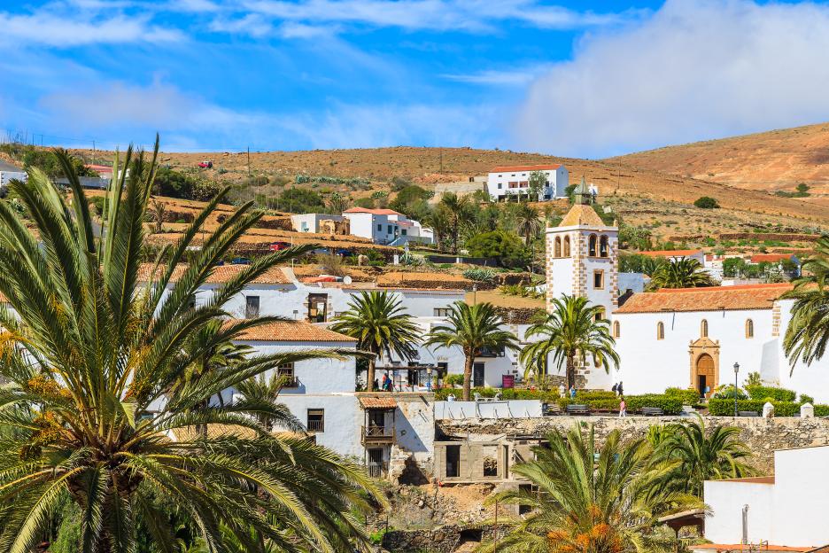 View of Betancuria village and the Santa Maria cathedral, Fuerteventura, Canary Islands, Spain.