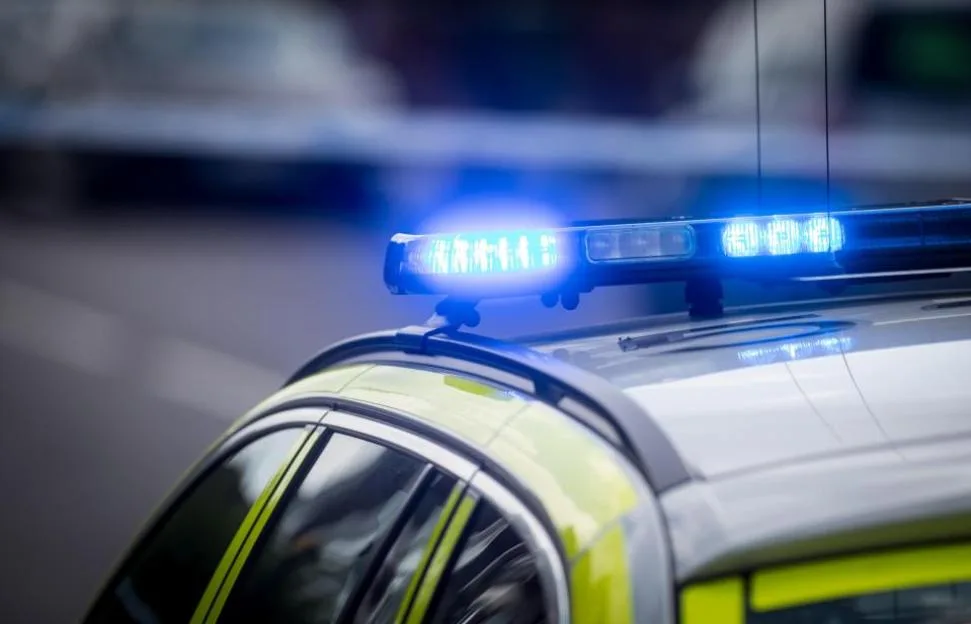 Police car lights flashing at a crime scene.
