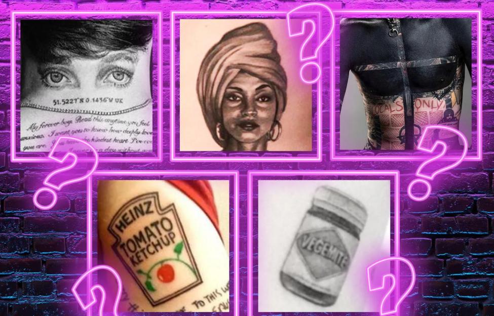 Collage of six square images, each featuring a tattoo, enclosed in a glowing purple frame with a question mark.