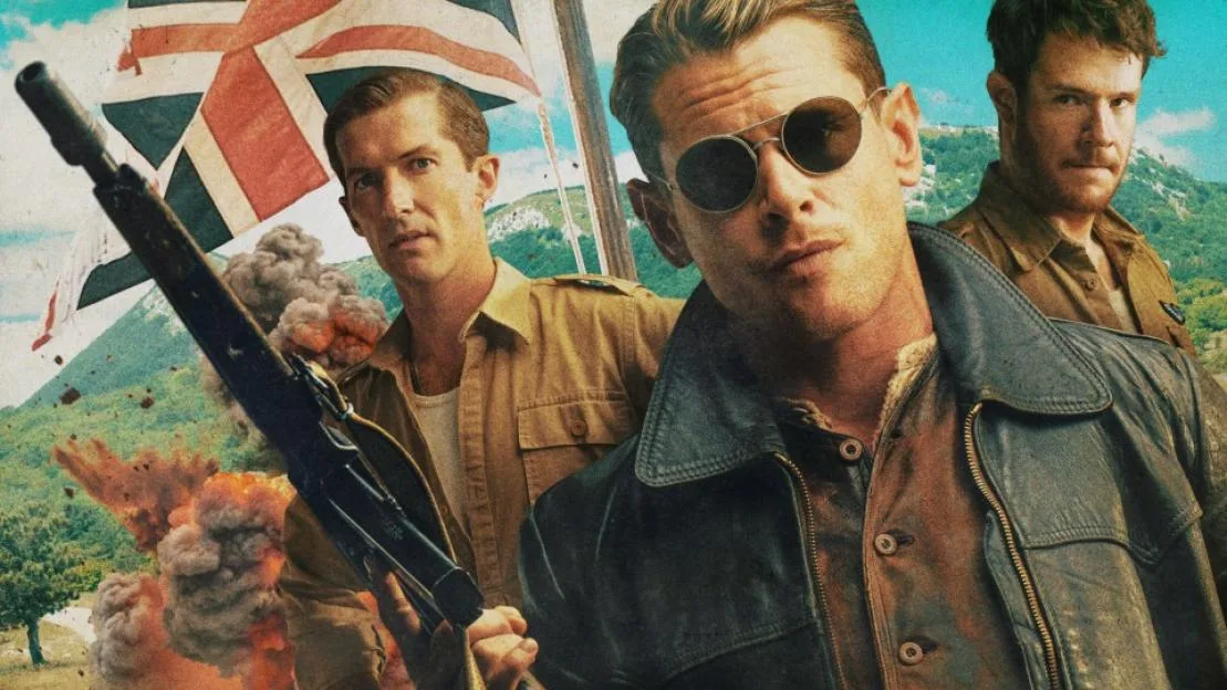 Illustration of Bill Stirling, Paddy Mayne, and David Stirling against a backdrop of a British flag, explosions, and mountains.