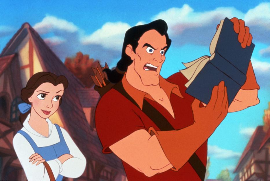 Illustration of Gaston angrily holding a book and Belle looking on.