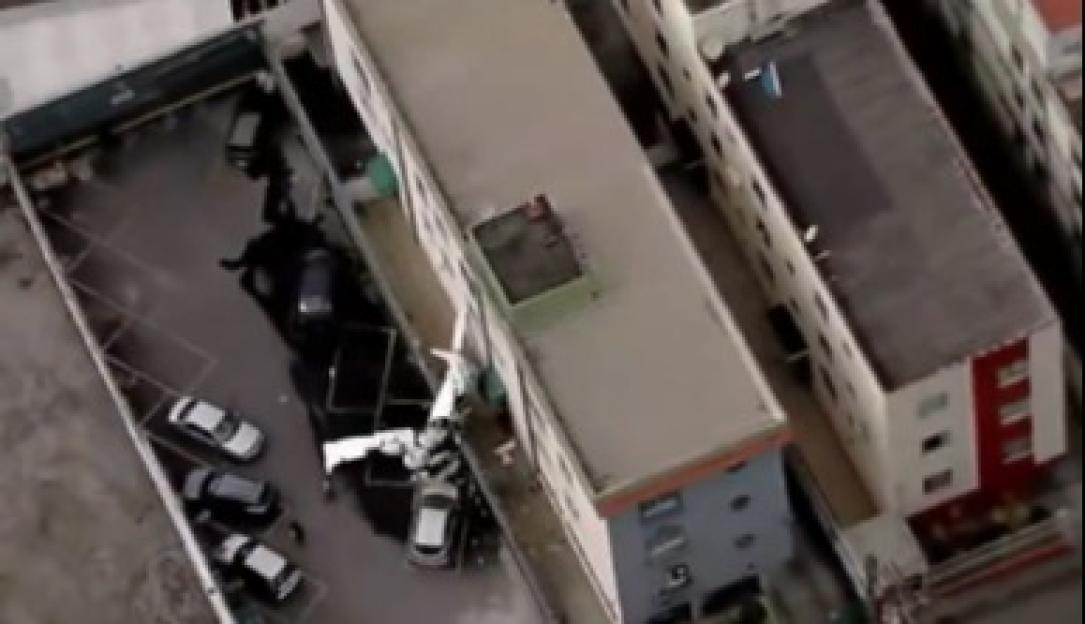 Aerial view of a small aircraft crashed into a building in Belo Horizonte, Brazil.