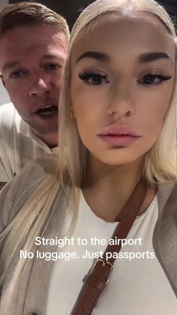 A man and woman posing for a selfie, with text overlay "Straight to the airport. No luggage. Just passports".