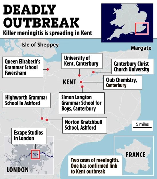 Illustration of a map showing the spread of killer meningitis in Kent, England, with specific locations of schools and universities affected.
