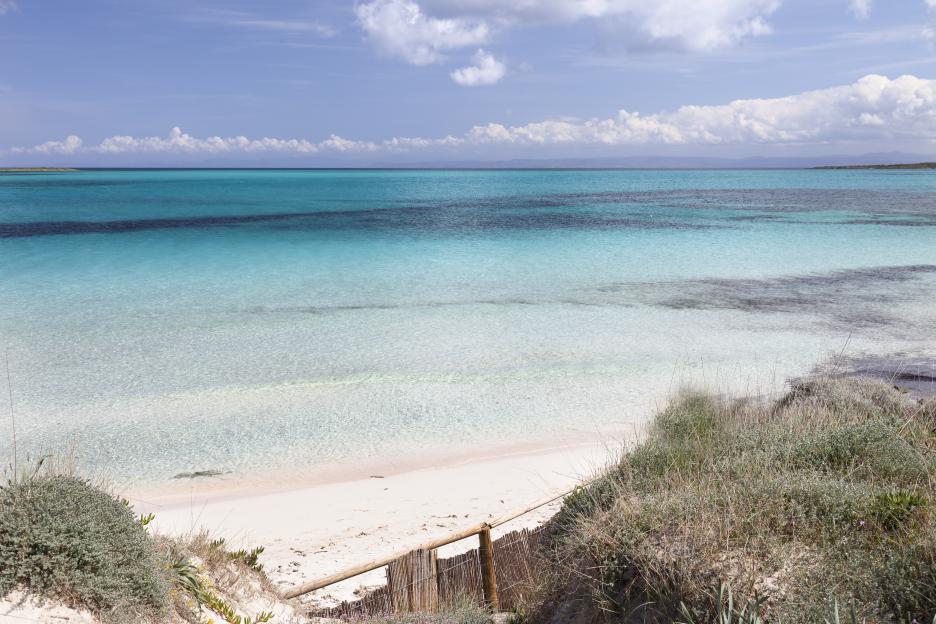 Beautiful La Pelosa beach in Sardinia, Italy with white sand and turquoise water under a clear blue sky.