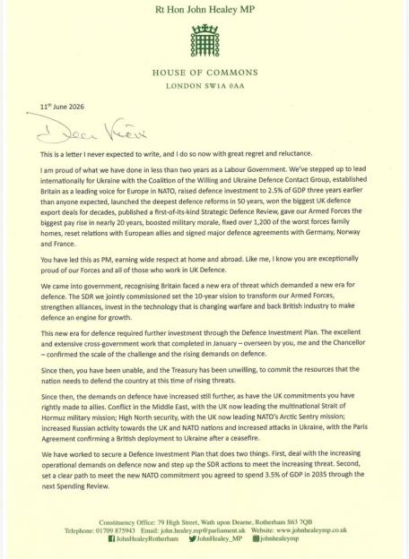 A letter from Rt Hon John Healey MP to the Prime Minister, detailing his achievements as Defence Secretary and expressing regret over the government's failure to commit resources for defence.