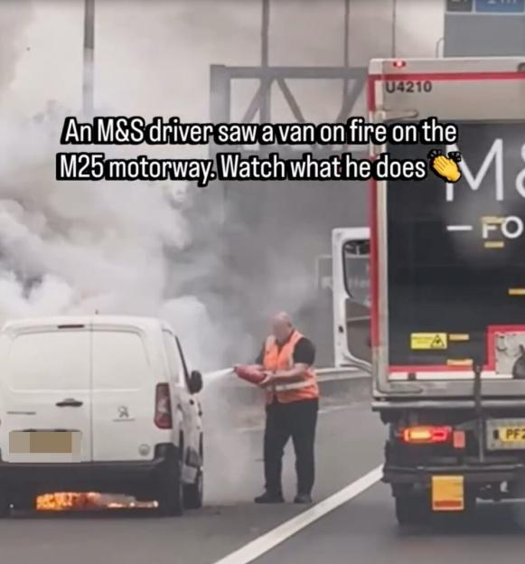 Heroic M&S Driver Douses Blazing Van Fire on Busy UK Motorway with Extinguisher!