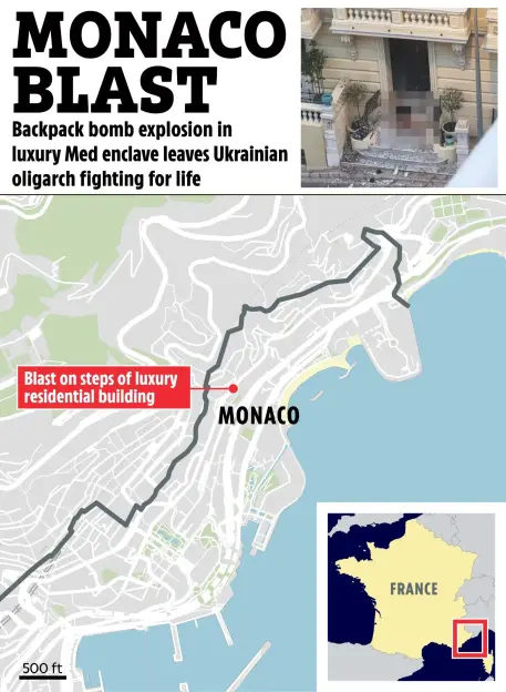 Collage of a news headline, a photo of a bombed building, a map of Monaco with a red pinpoint showing the blast location, and a map of France with Monaco highlighted.