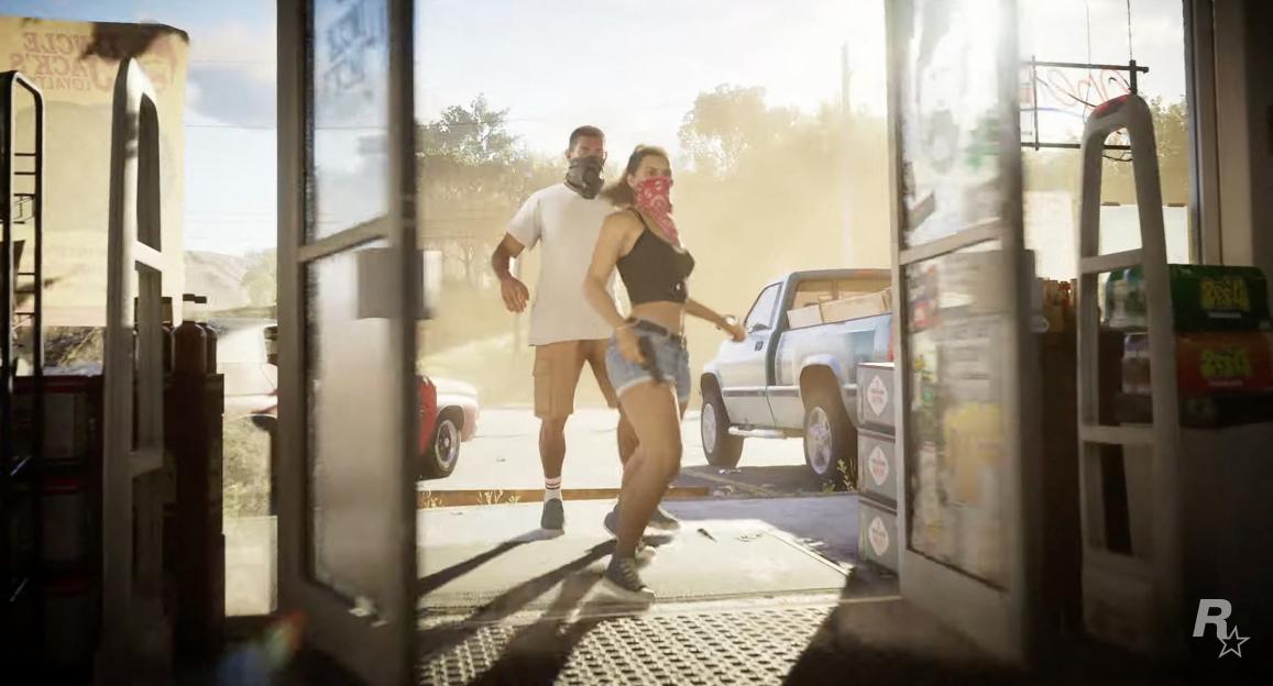 Illustration of a man and a woman in bandanas exiting a convenience store with a truck outside.