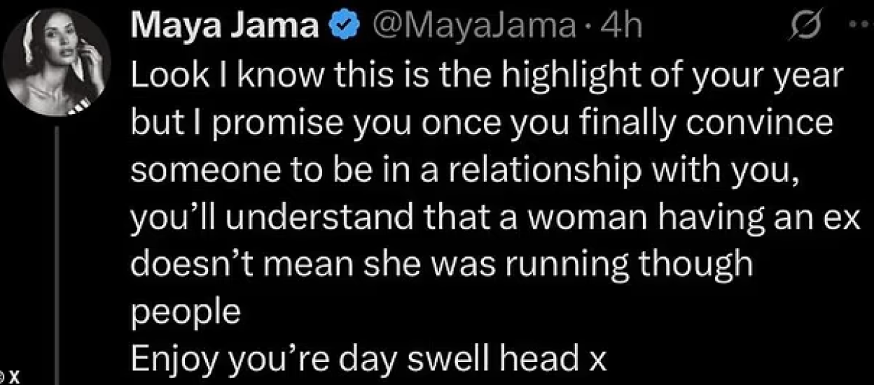 Maya Jama's tweet responding to a troll.