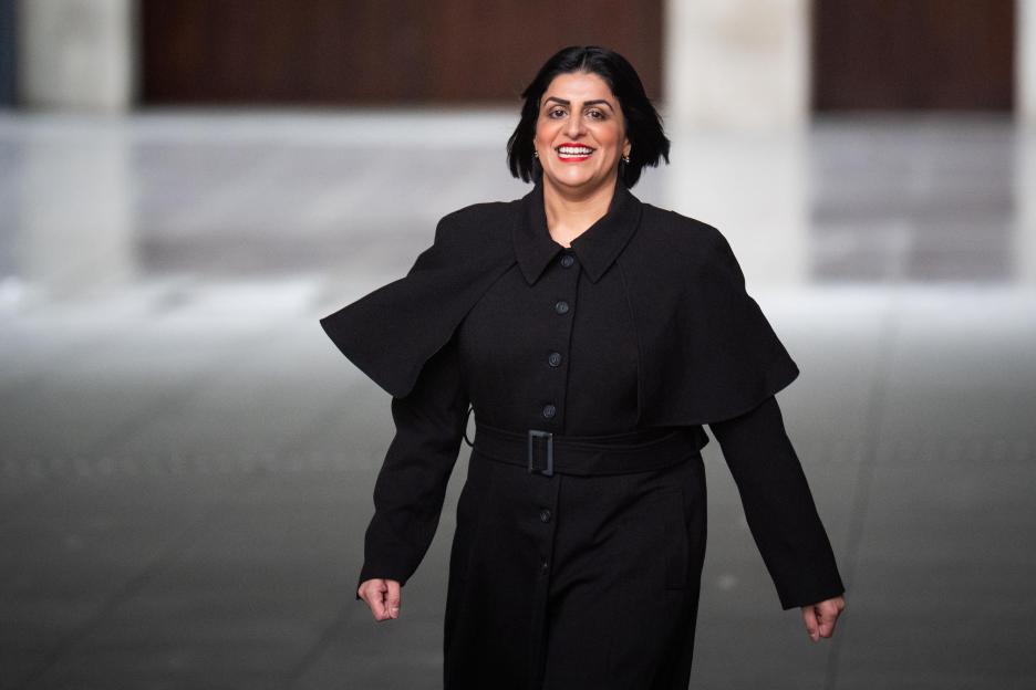 Home Secretary Shabana Mahmood smiles while leaving BBC Broadcasting House in London.